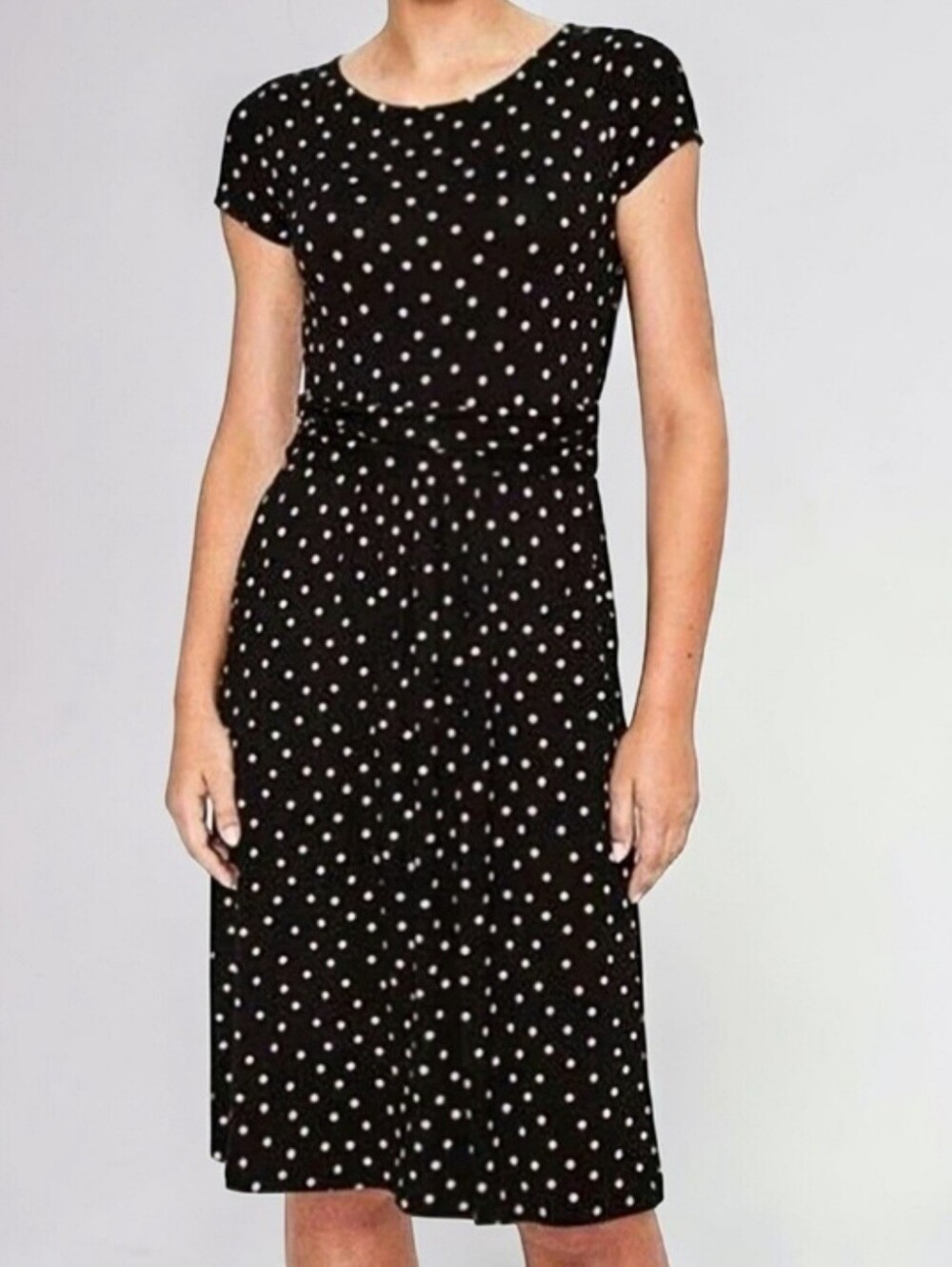 Boden Black Jersey Knit Midi Dress with Pink Polka Dots Sz 16/18 Casual Business